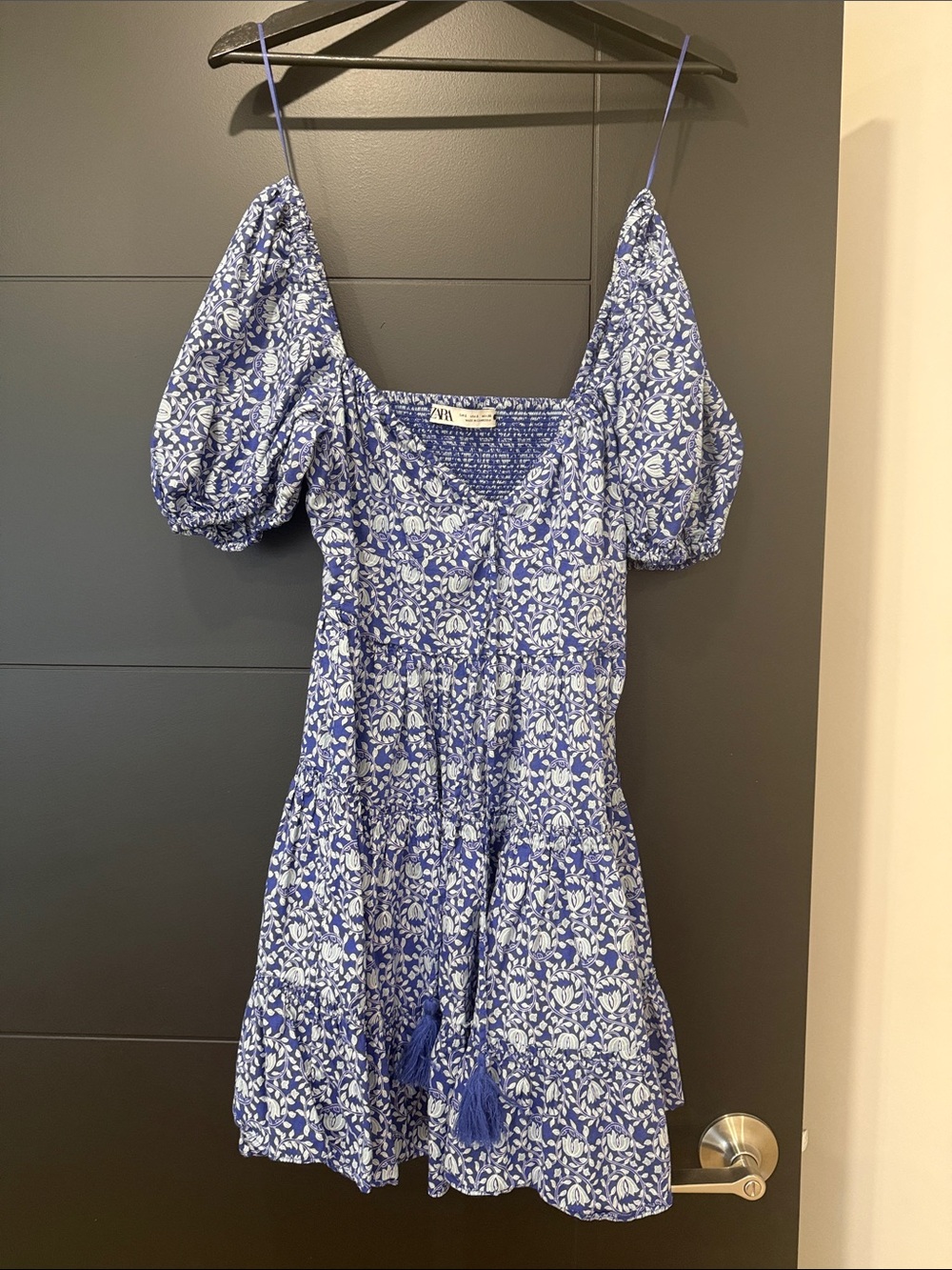 Zara Blue & White Floral Puff-Sleeve Mini Dress